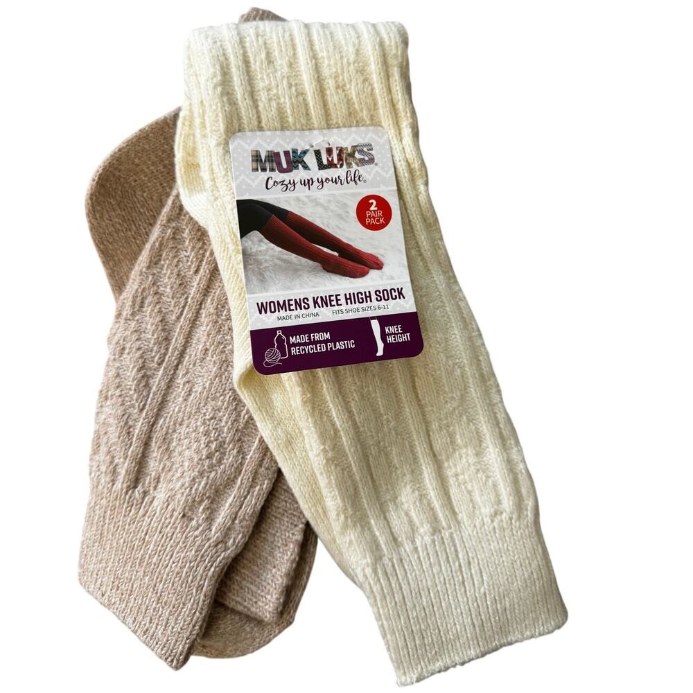 MUK LUK (2) pair Woman Knee High Socks Shoe Sz 6-11 New Gift Cable Knit Stripes